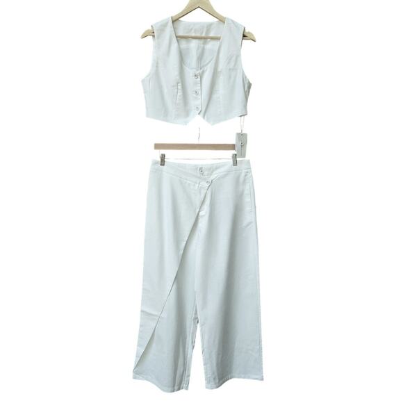 NWT Commense Womens 2-Piece Set L White Vest & Wide-Leg Pants Asymmetrical Front - Picture 1 of 12